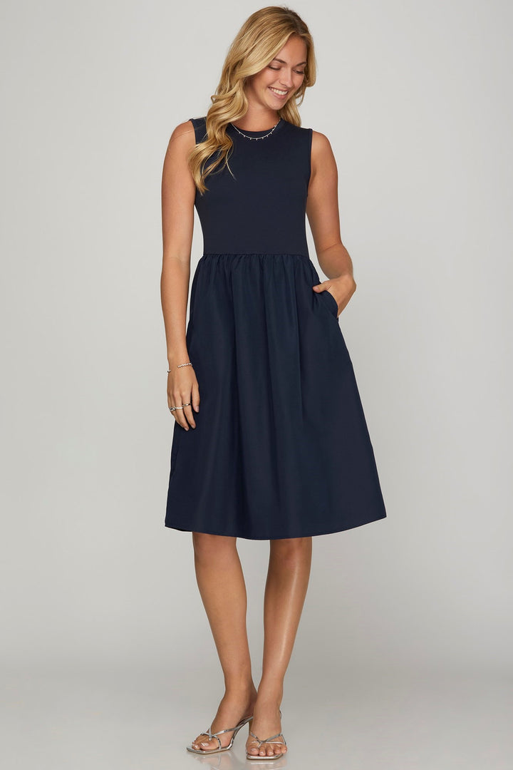 Dark Navy She Sky Full Size Sleeveless Poplin Woven Midi Dress With Pockets Plus Size
