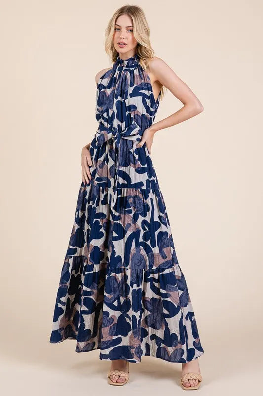 Lime N Chili Abstract Halter Neck Tie Waist Tiered Maxi Dress