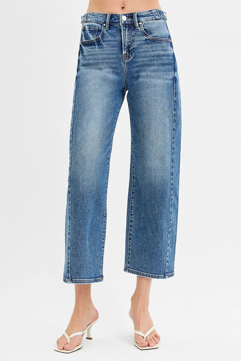 Dark Risen High Rise Crop Length Barrel Adjustable Waist Band Jeans