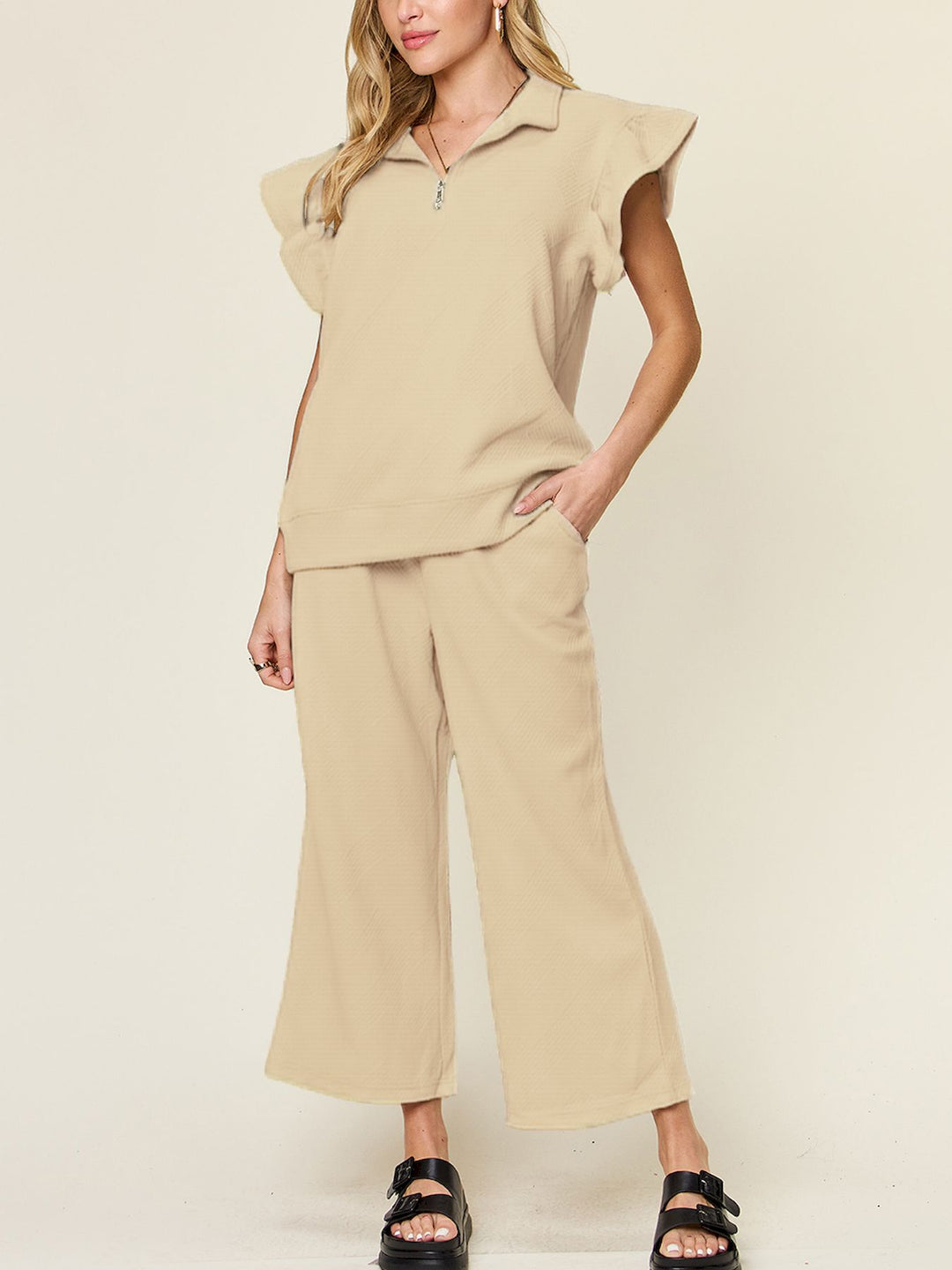 Deep Rose Double Take Texture Ruffle Short Sleeve Top And Drawstring Wide Leg Pants Set