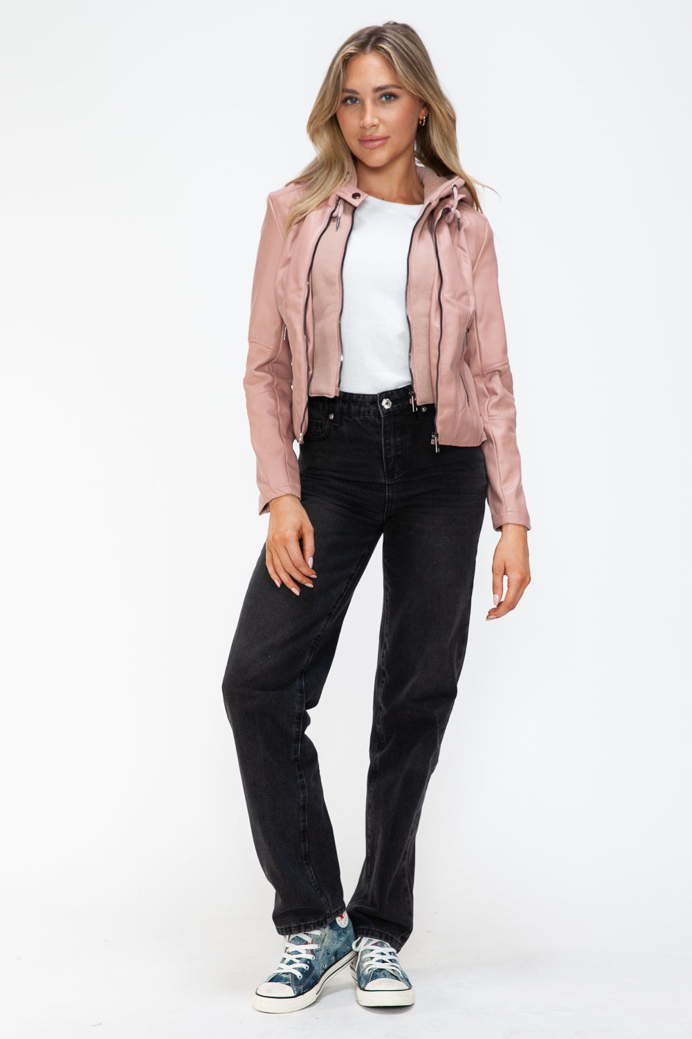 Snobbish Faux Leather Zip Up Drawstring Hooded Jacket 4