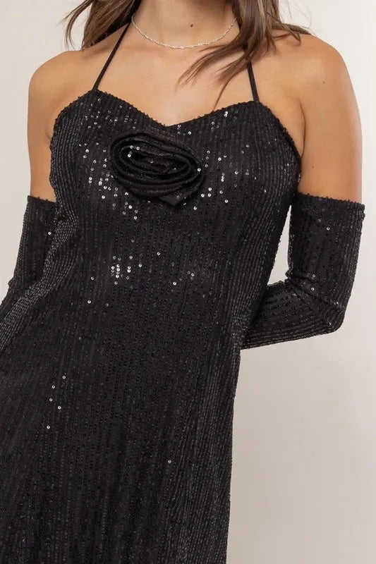 Black Hyfve Sequin Rosette Halter Mini Dress