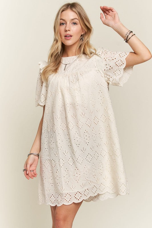 NATURAL Adora Ruffled Eyelet Round Neck Dress