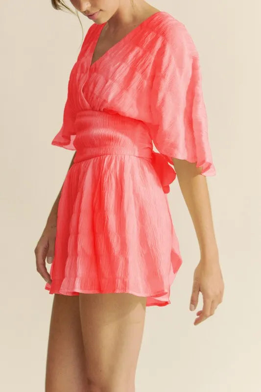 Coral Pink Davi Dani Batwing Sleeve Waist Belt Romper