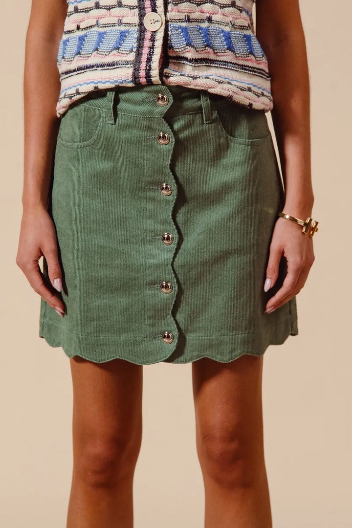 Dusty Sage So Me Scallop Buttoned Front Corduroy Mini Skirt 3