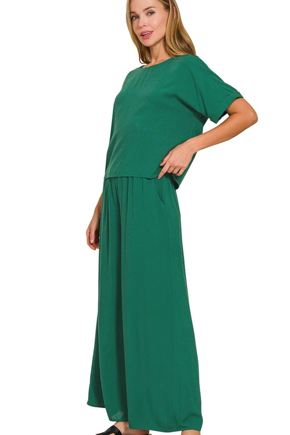 Dk Green Zenana Round Neck T Shirt And Wide Leg Pants Set 4