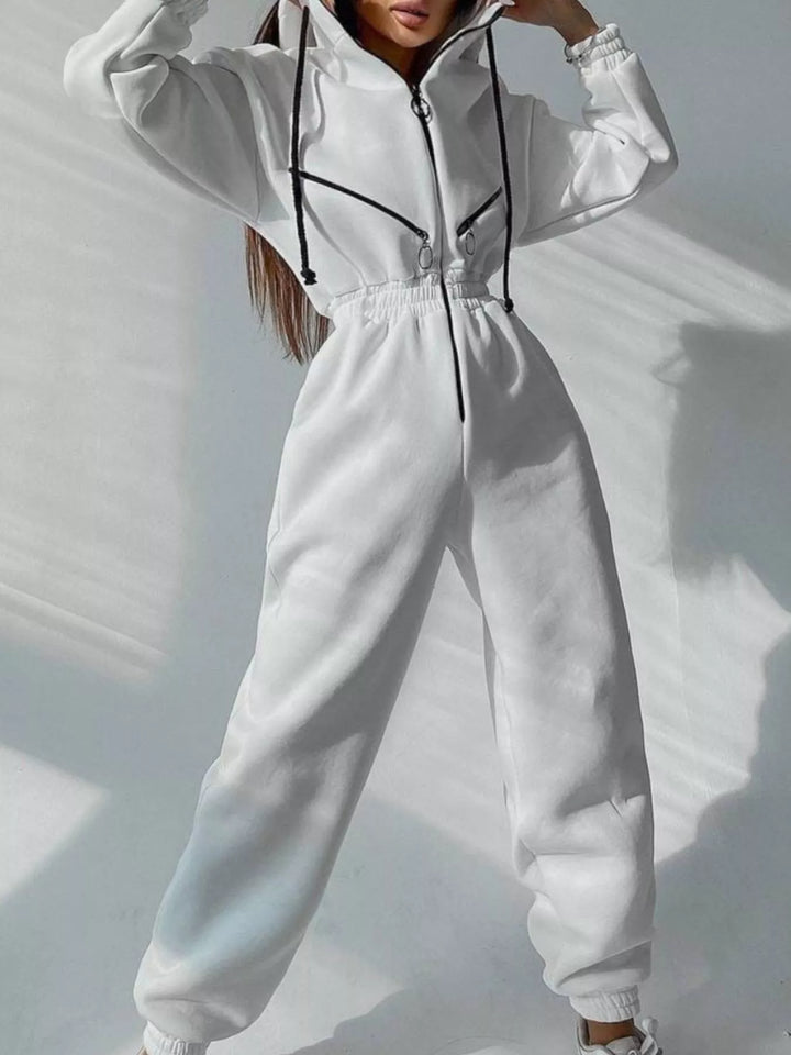 White Hooded Zip Up Long Sleeve Jumpsuit