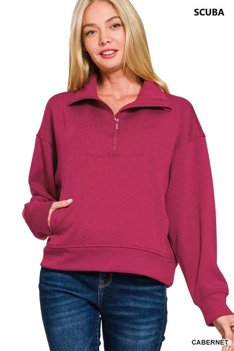 Cabernet Zenana Scuba Half Zip Sweatshirt With Pockets