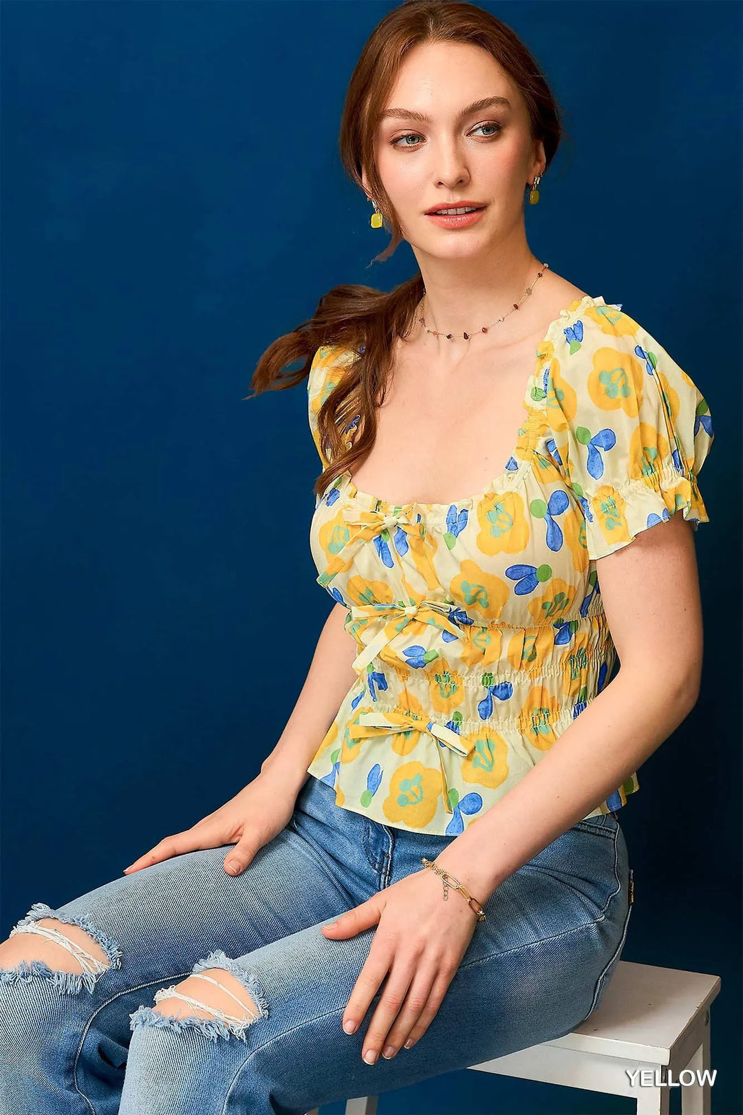 Yellow Umgee Floral Smocked Peplum Blouse