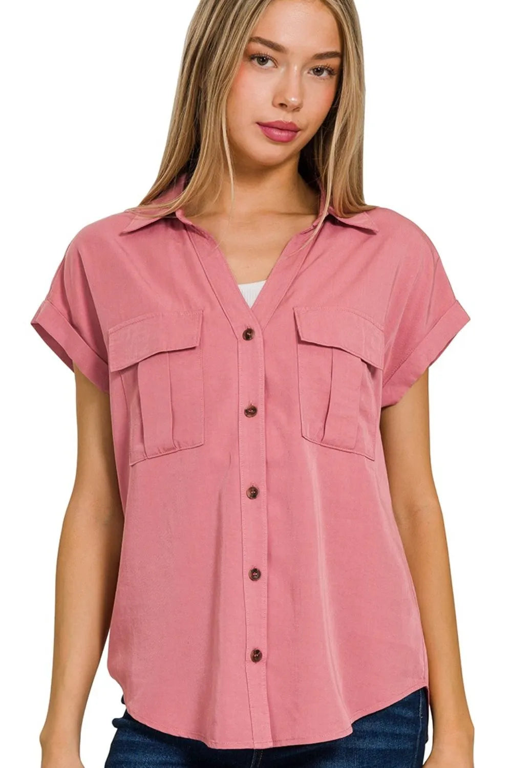 Dusty Rose Zenana Tencel V Neck Collared Top W Front Flap Pockets 1