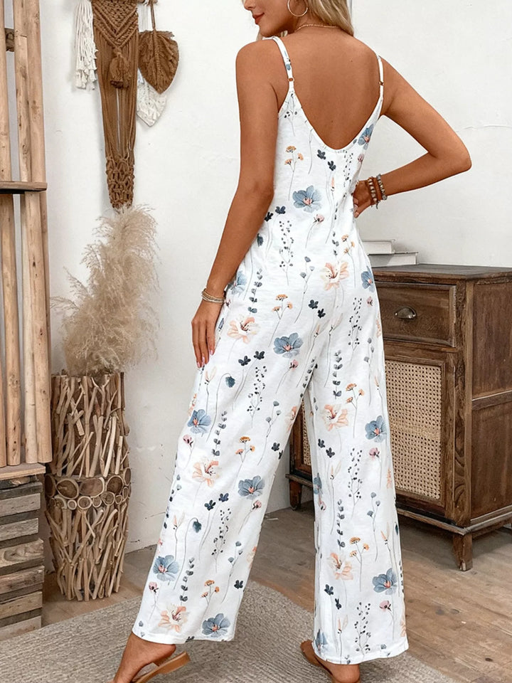 White Floral Print Spaghetti Strap Casual Jumpsuit