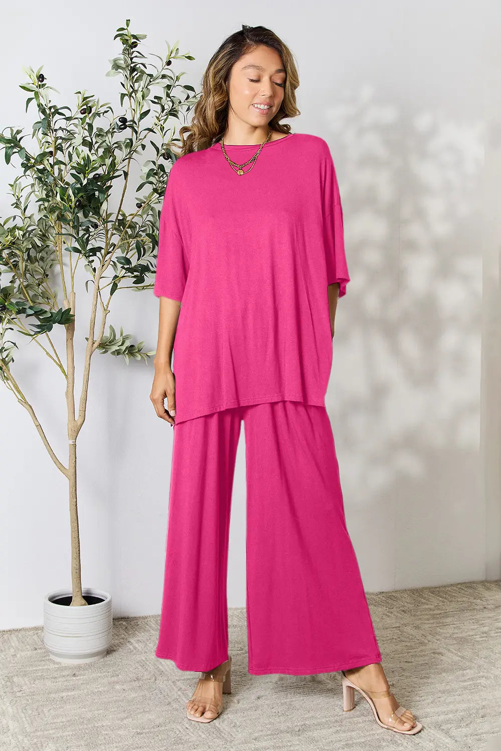 Hot Pink Double Take Full Size Round Neck Slit Top And Pants Set