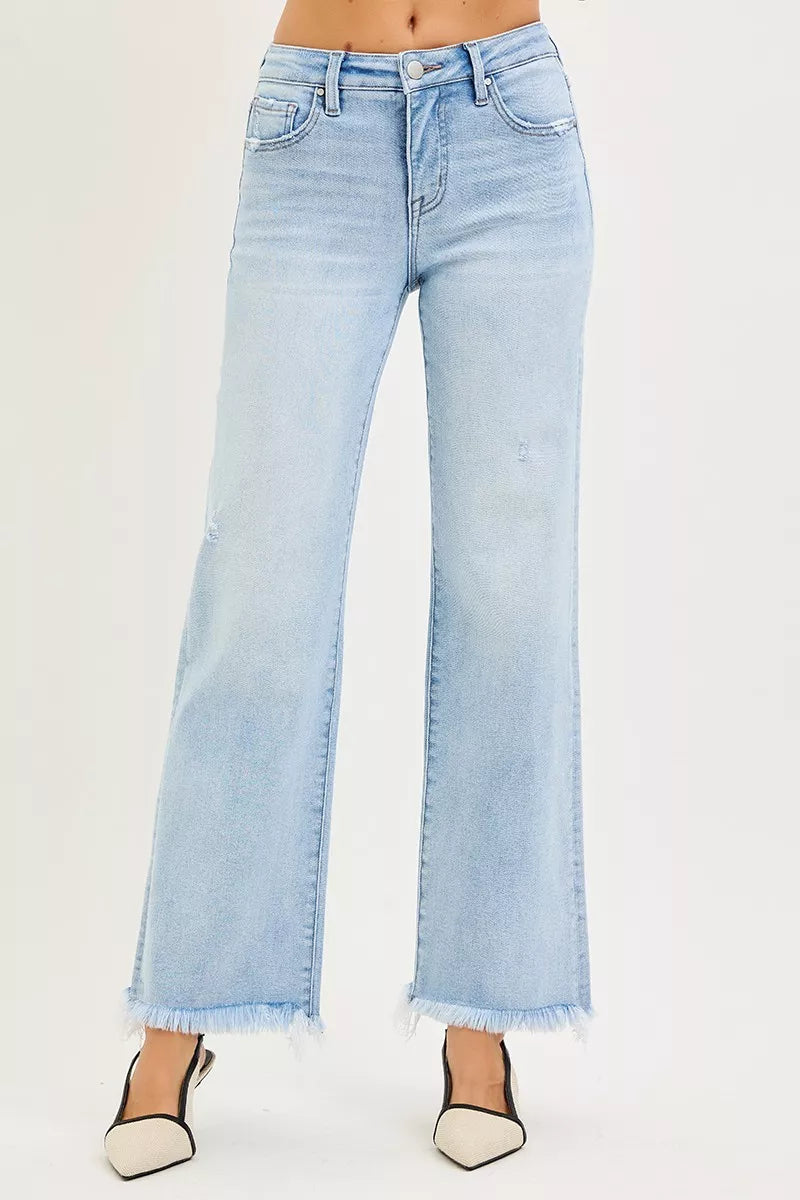 Light Risen Tummy Control Mid Rise Ankle Straight Fray Hem Jeans