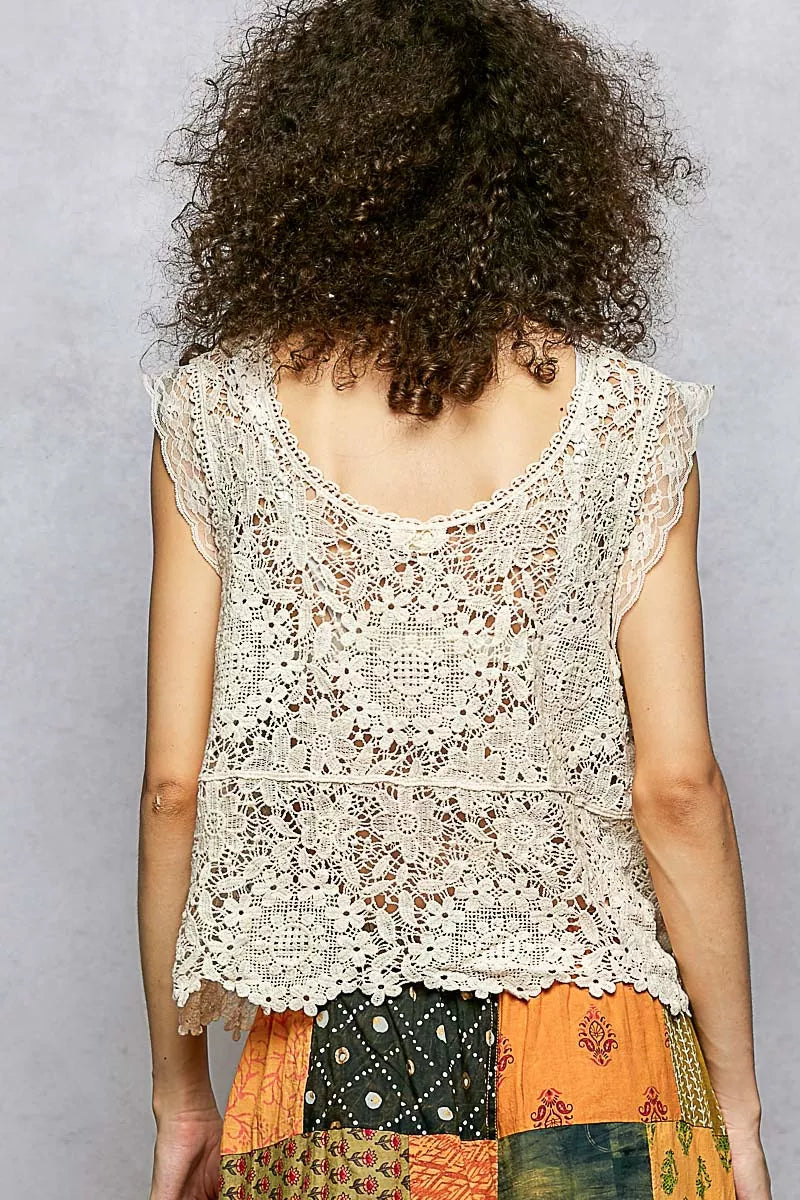 Pol Lace Trim Openwork V Neck Crochet Tank With Scalloped Edge