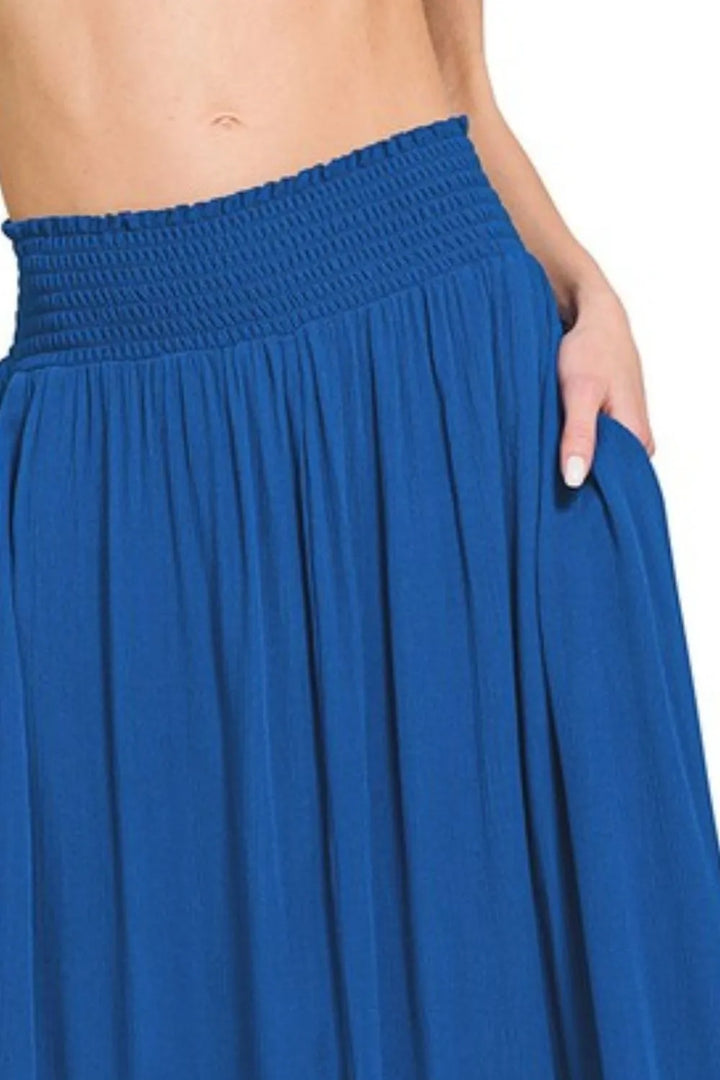 Classic Blue Zenana Woven Crinkle Smocked Waist Maxi Skirt W Pockets 5