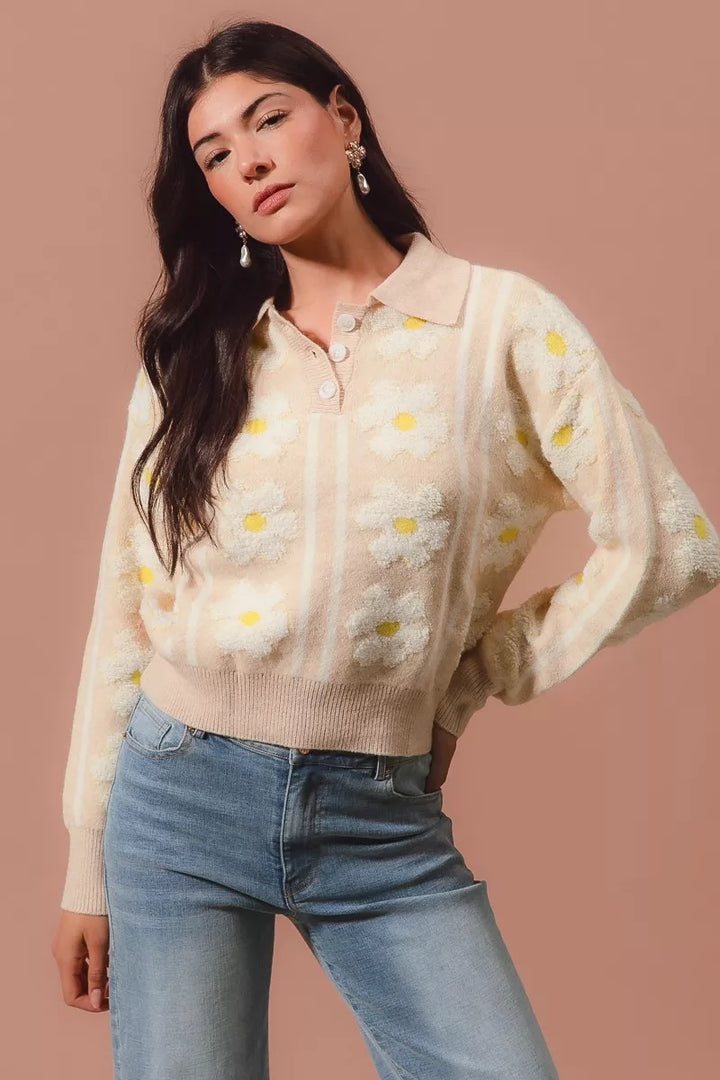 Oatmeal/Ivory So Me Floral Stripe Polo Collar Sweater