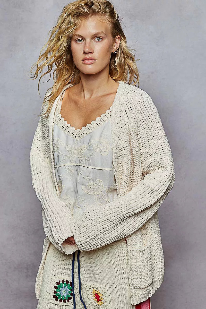 Powder Cream Pol Open Front Knit Cardigan With Front Pocket
