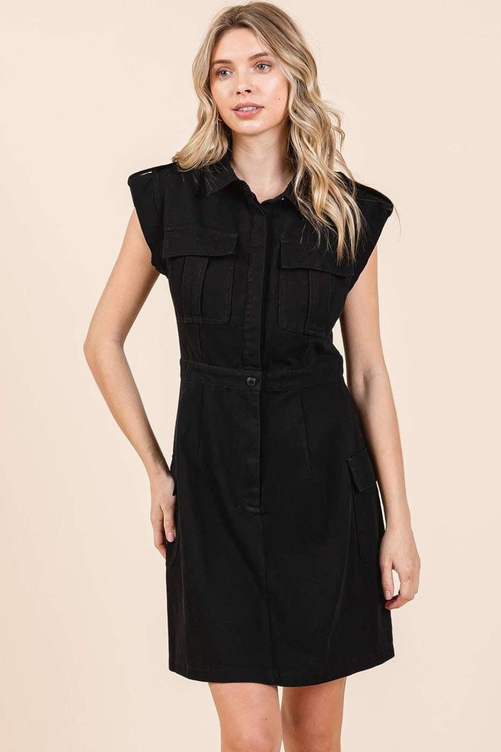 Black Mittoshop Cargo Pocket Half Button Mini Dress