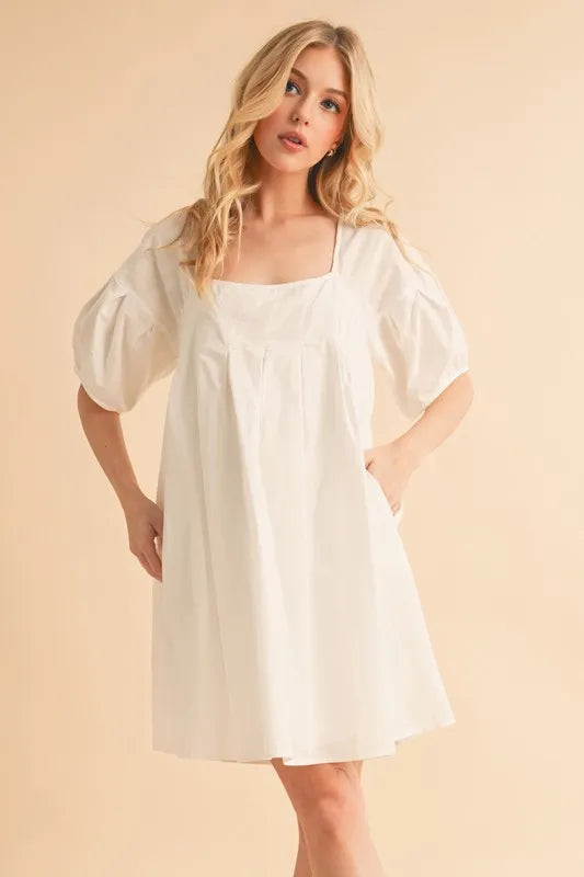 White Aemi Co Square Neck Babydoll Dress With Pockets 1