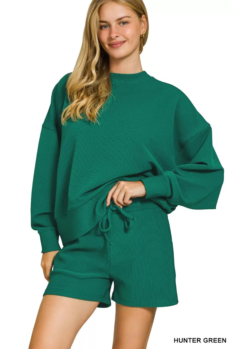 Hunter Green Zenana Ribbed Round Neck Pullover And Shorts Set 4