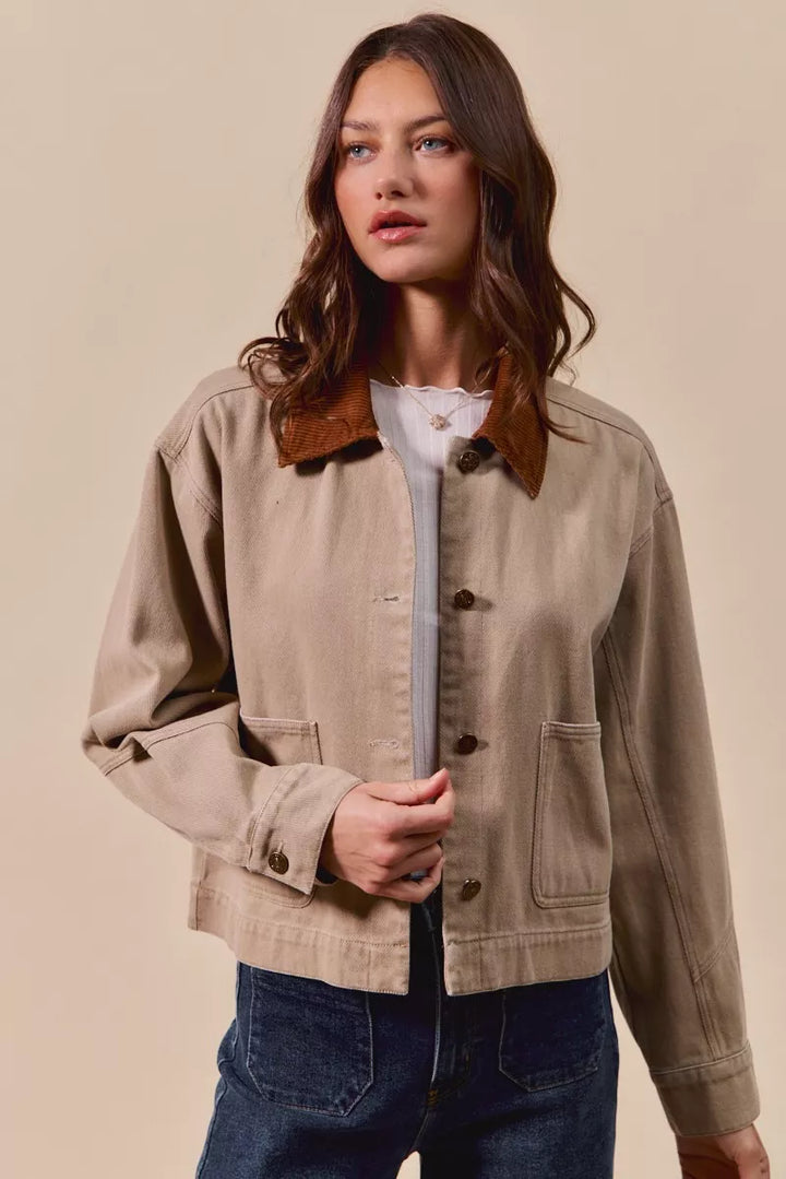 Taupe So Me Cotton Twill Cropped Barn Jacket Wtih Collar