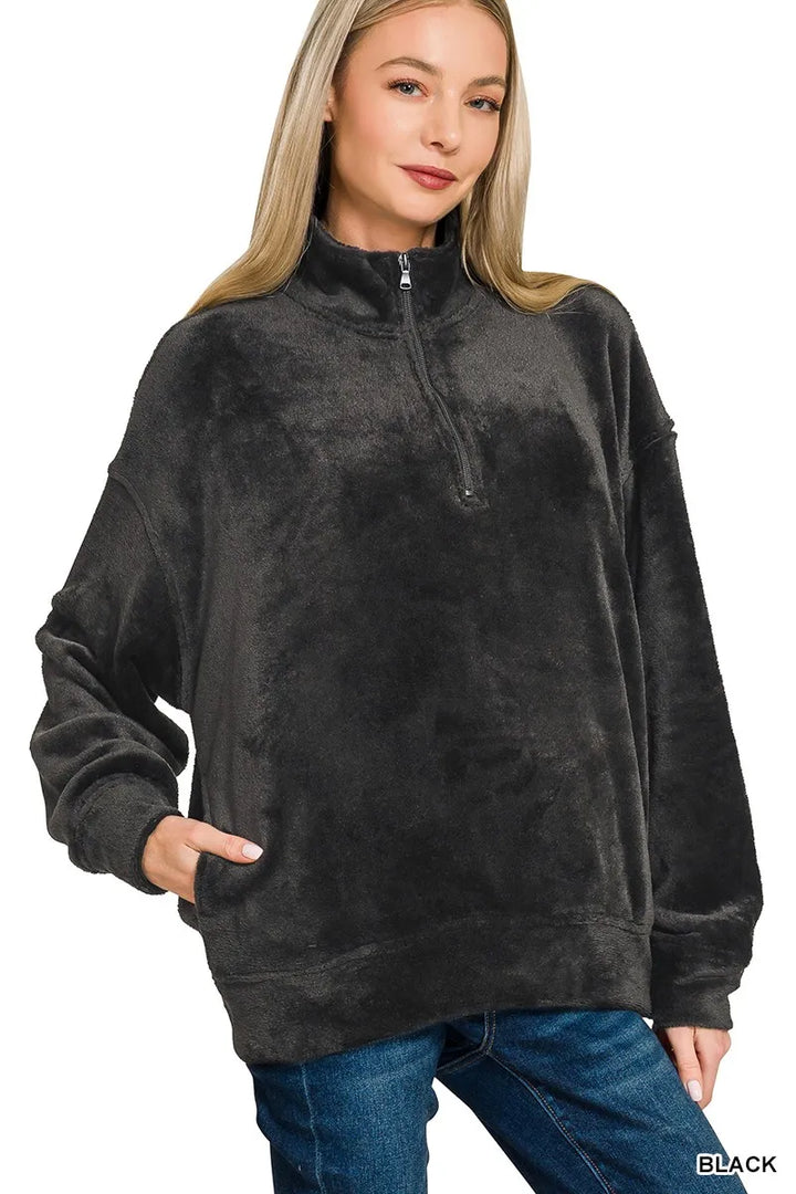 Black Zenana Faux Fur Half Zip Pocket Pullover