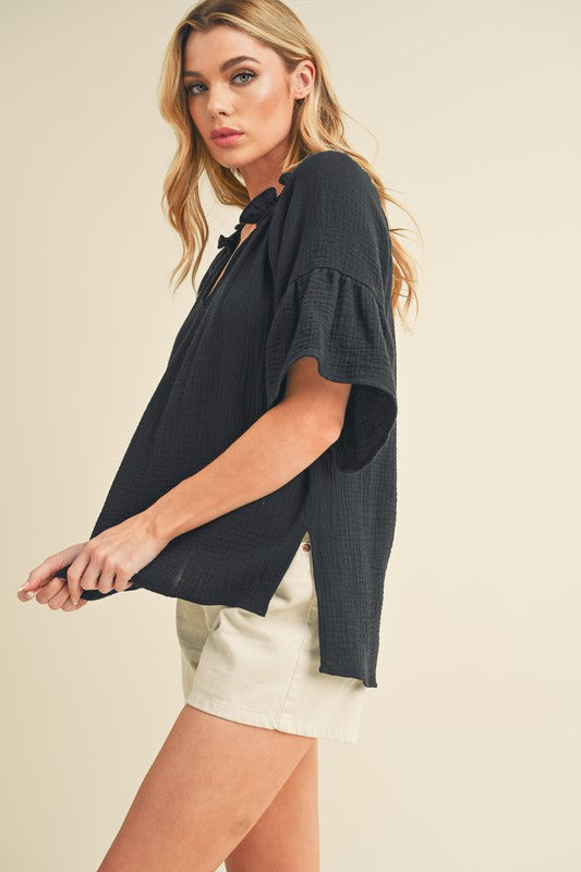 Aemi Co Side Slit Notched Ruffled Half Sleeve Blouse
