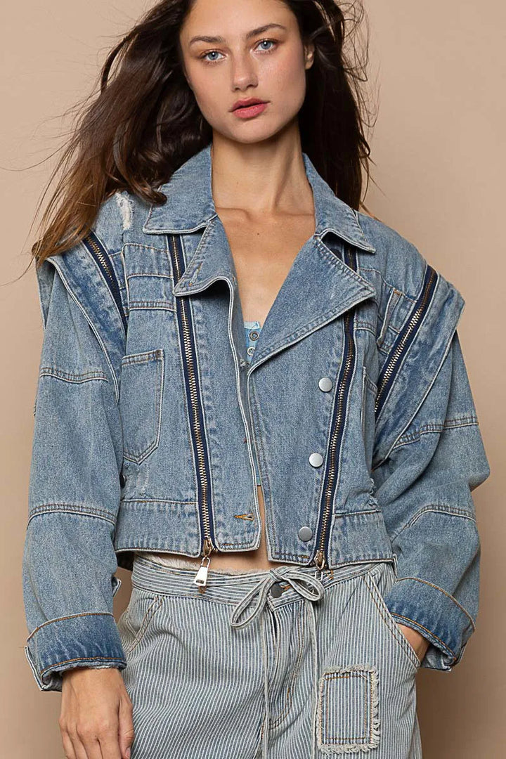 Dusty Blue Pol Cropped Denim Jacket With Functional Zipper Detail