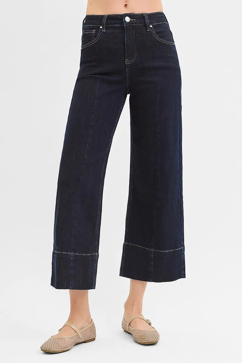 Solid Dark Risen Tummy Control High Rise Crop Wide Seam Detailed Jeans