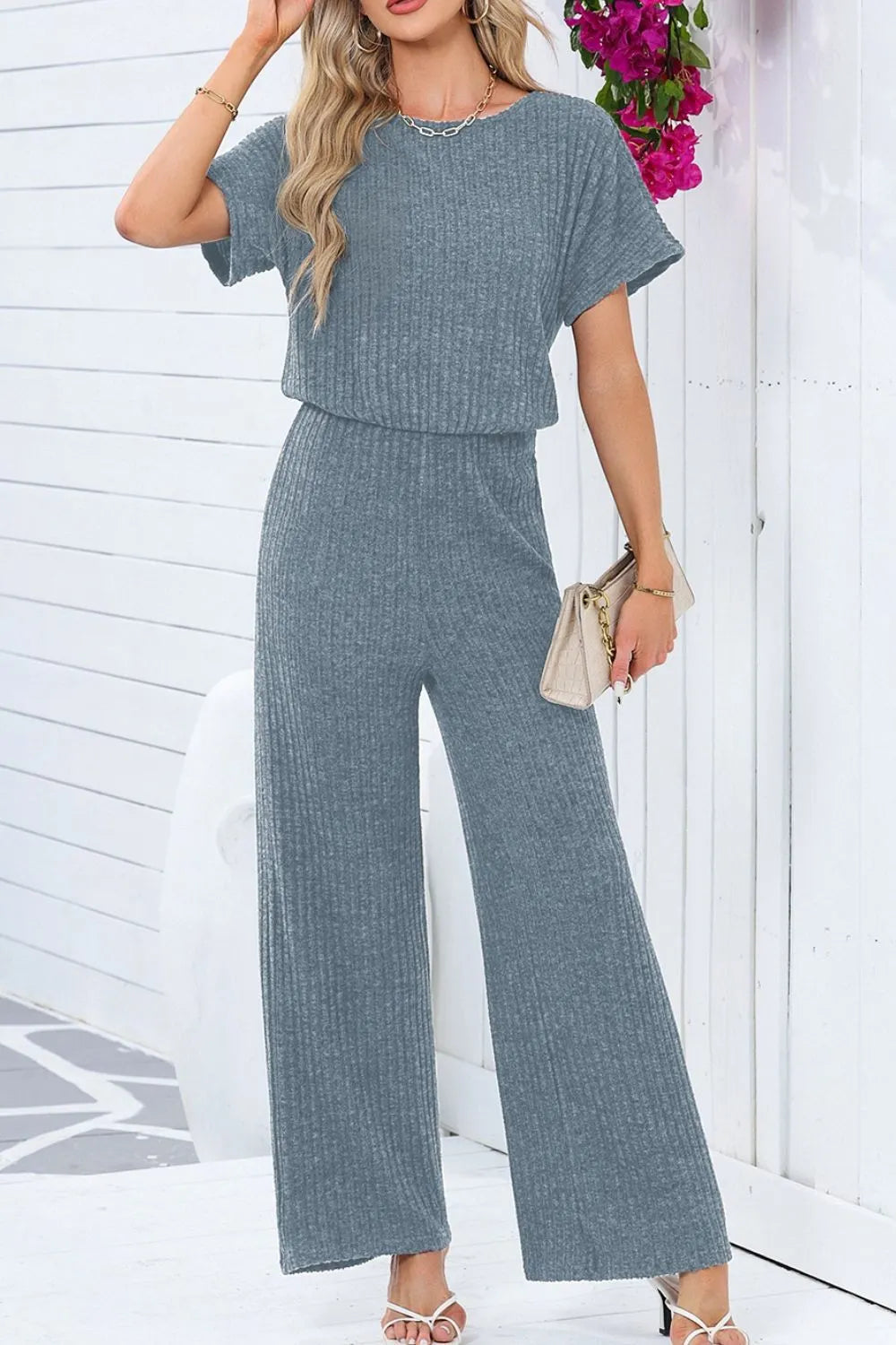 Dark Gray Ribbed Short Sleeve Wide Leg Jumpsuit