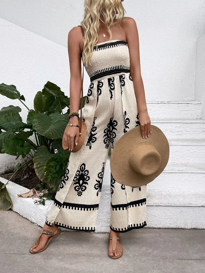 Smocked Printed Wide Leg Jumpsuit