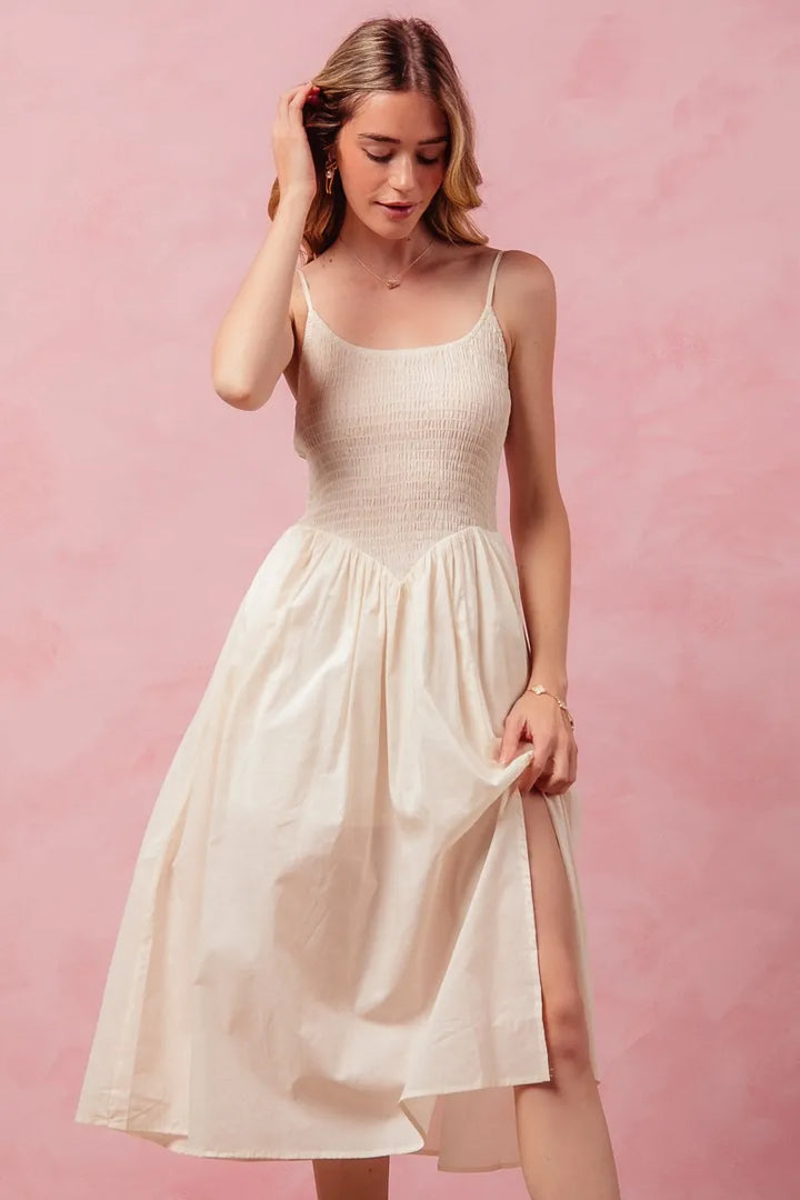 Cream So Me Smocked Sleeveless Casual Everyday Dress With Slit 1