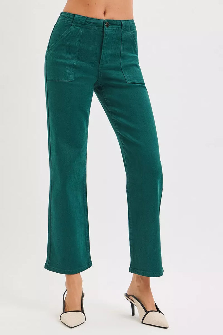 Hunter Green Risen High Rise Ankle Flare Patch Pocket Jeans