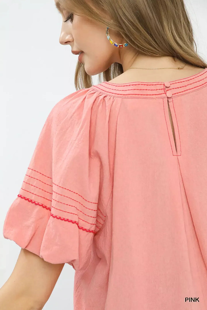 Umgee Round Neck Puff Sleeve Top With Contrast Stitch Detail 2