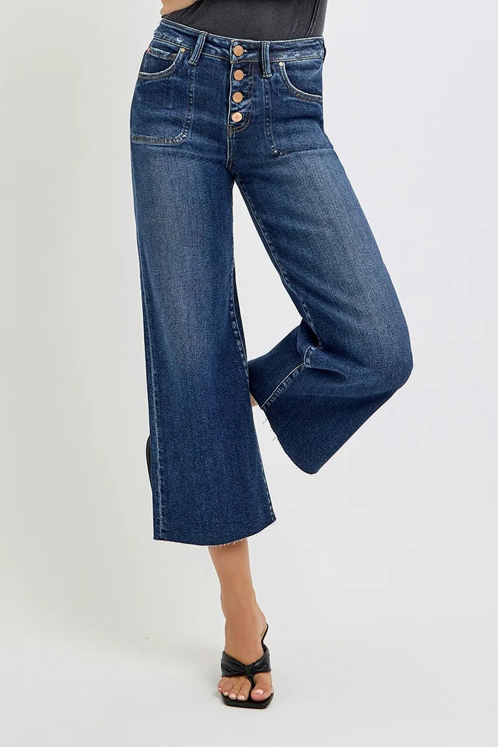 Dark Risen Full Size High Rise Crop Wide Button Up Jeans Plus Size