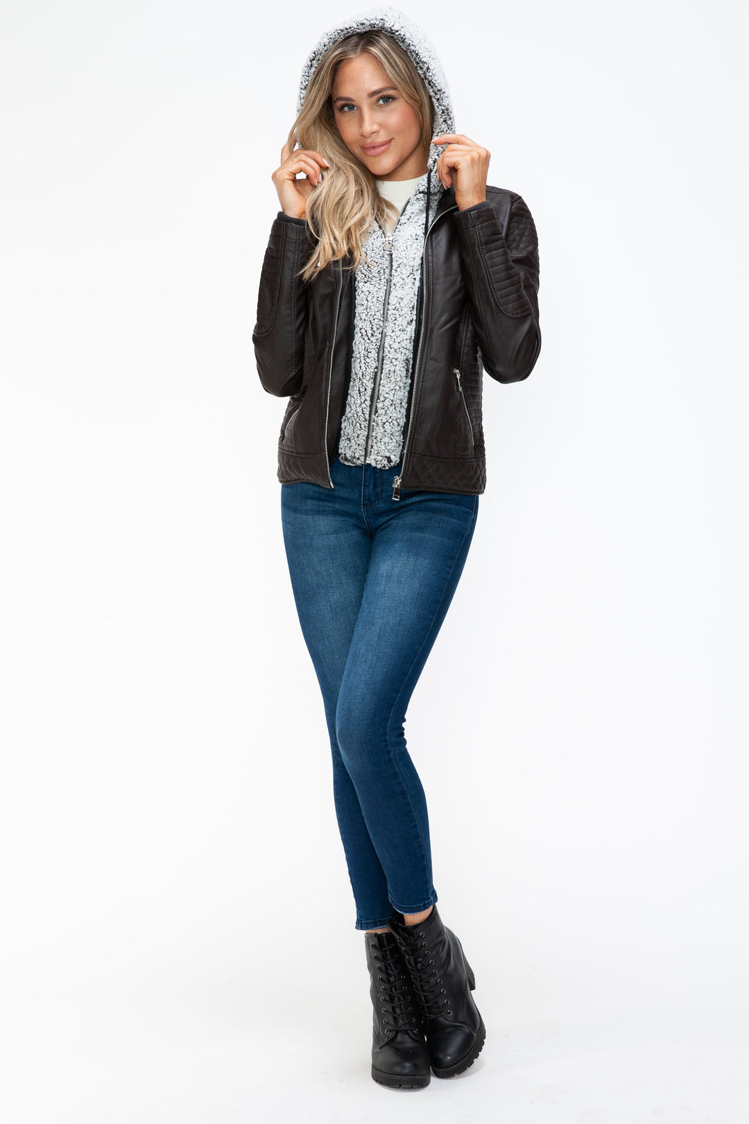 Ymi Faux Layered Double Zipper Jacket With Fuzzy Hood