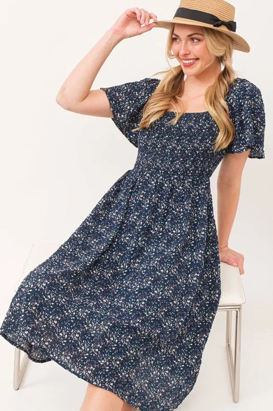 Navy Lime N Chili Smocked Floral Print Flutter Sleeve Midi Dress