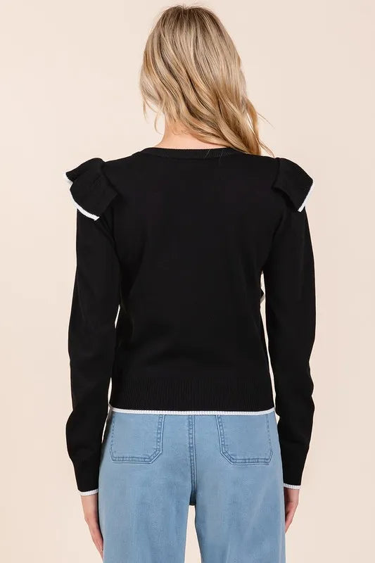Mittoshop Contrast Trim Ruffled Round Neck Knit Top 1