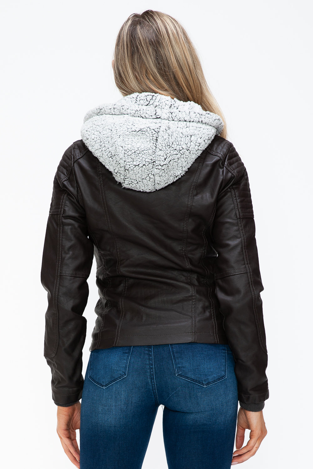 Chocolate Ymi Removable Faux Layered Multi Pocket Jacket With Fuzzy Hood 3
