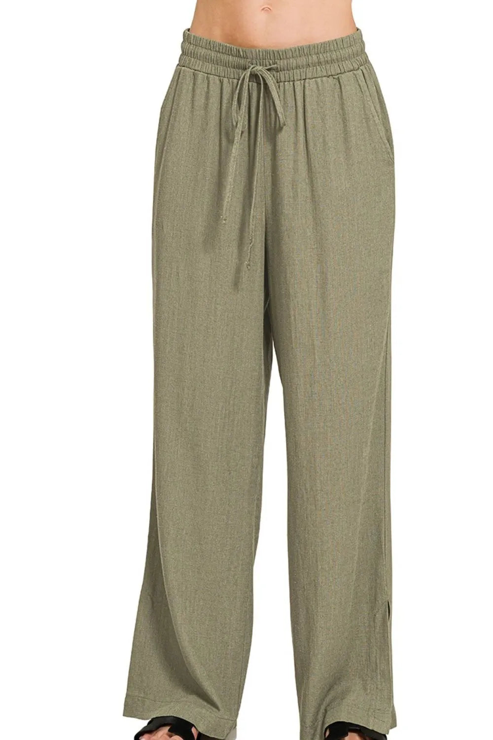 Lt Olive Zenana Linen Drawstring Pants 2