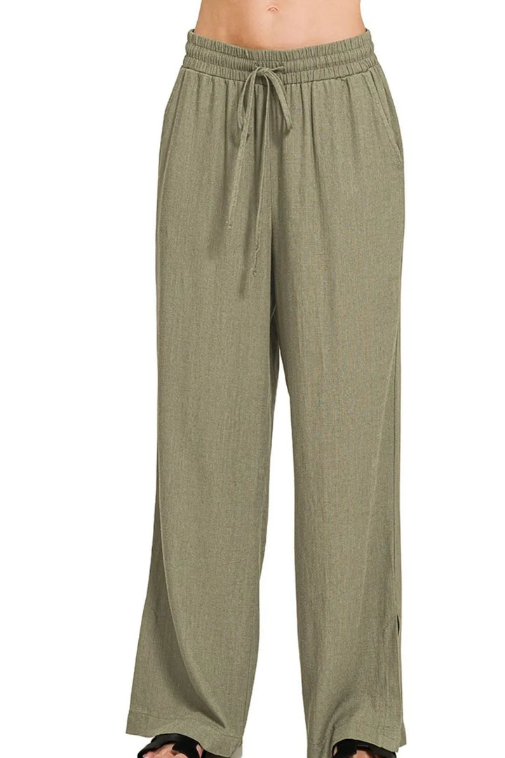 Lt Olive Zenana Linen Drawstring Pants 2