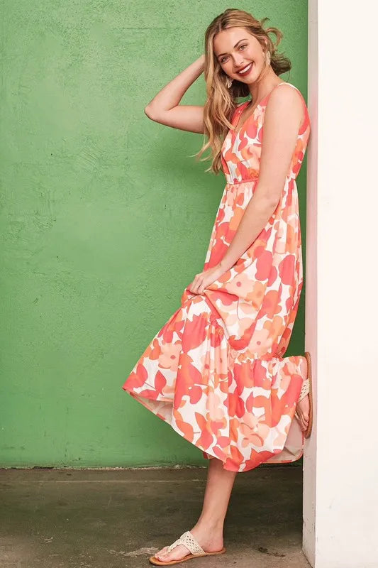 Orange Lime N Chili Sleeveless Floral Print V Neck Midi Dress 1
