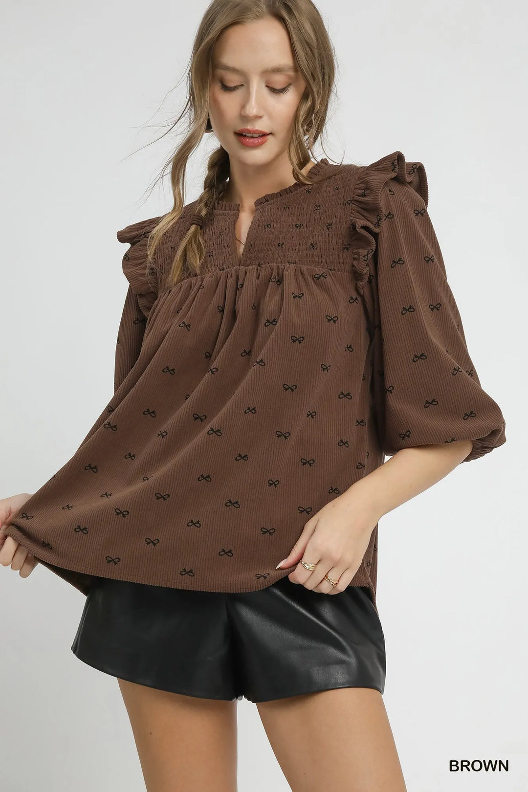Brown Umgee Bow Print Corduroy Puff Sleeve Blouse With Ruffled 1