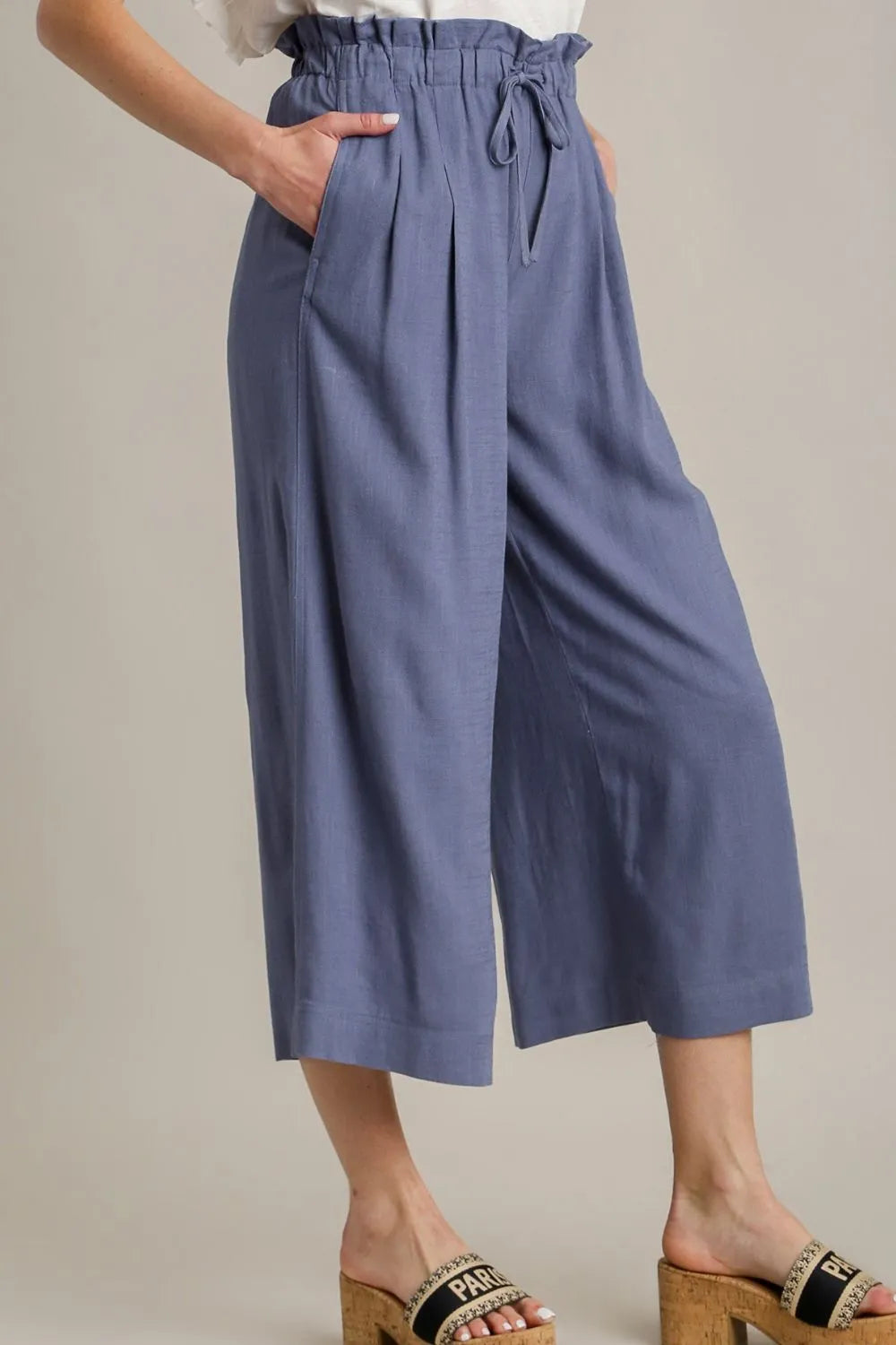 Dusty Blue Umgee Full Size Linen Wide Fit Pants With Drawstring Plus Size