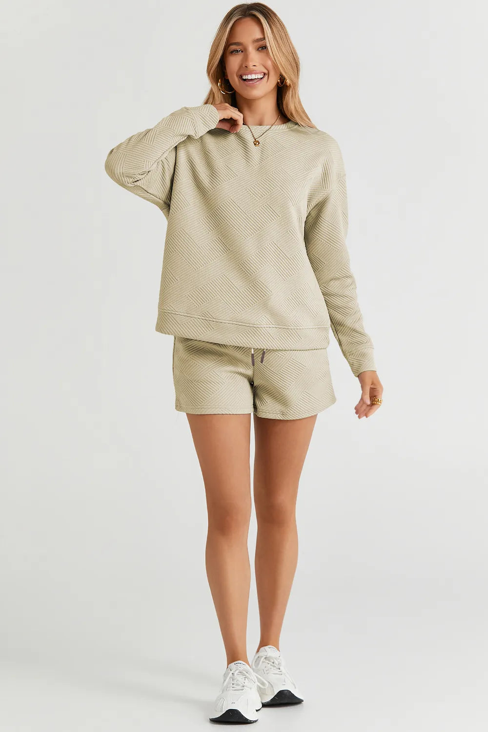 Double Take Full Size Texture Long Sleeve Top And Drawstring Shorts Set