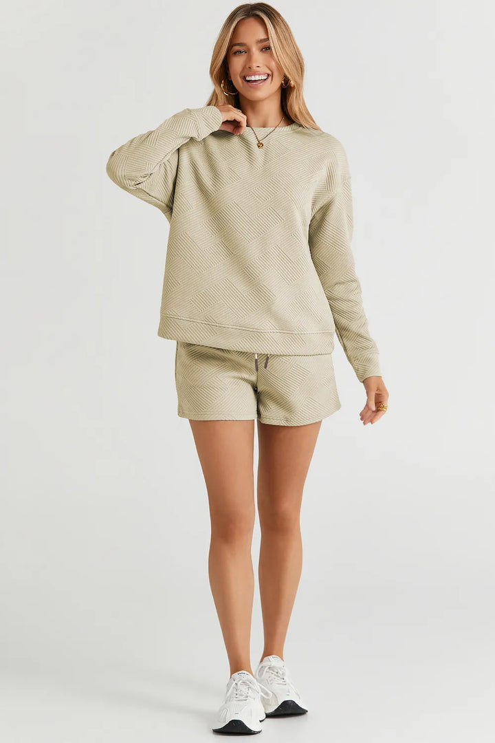 Double Take Full Size Texture Long Sleeve Top And Drawstring Shorts Set