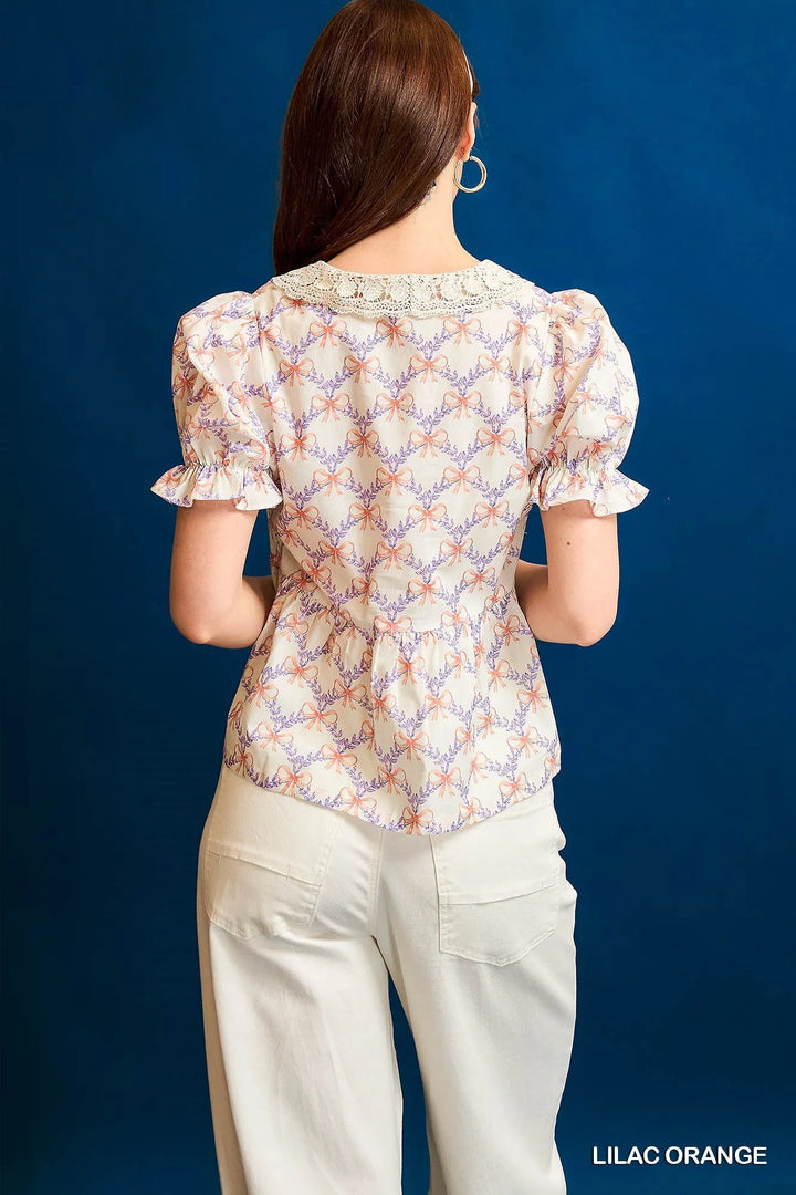 Lilac/Orange Umgee Lace Detail Bow Print Flounce Sleeve Blouse 1