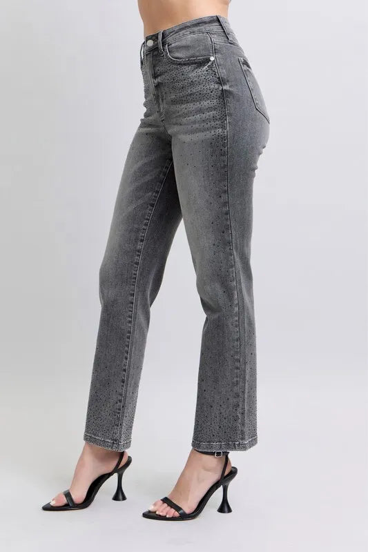 Gry Judy Blue Full Size High Waist Rhinestone Straight Jeans Plus Size