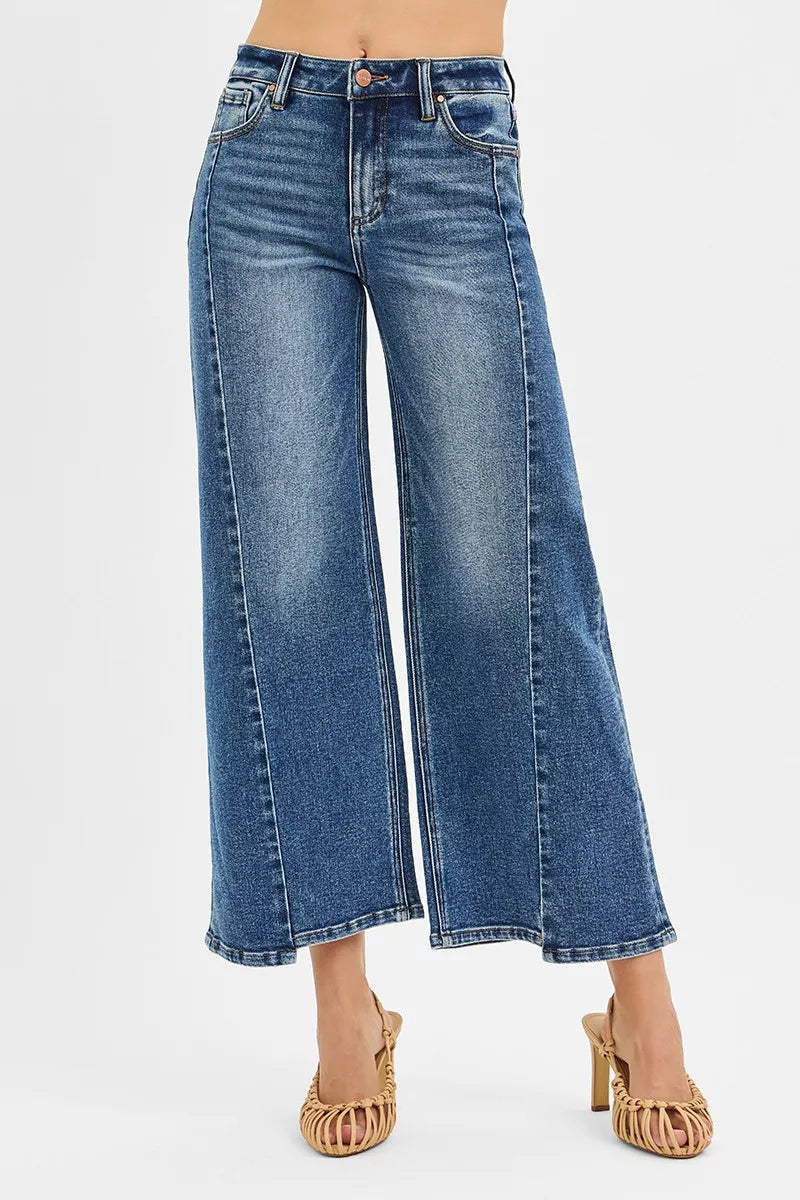 Dark Risen High Rise Crop Wide Leg Jeans With Step Hem