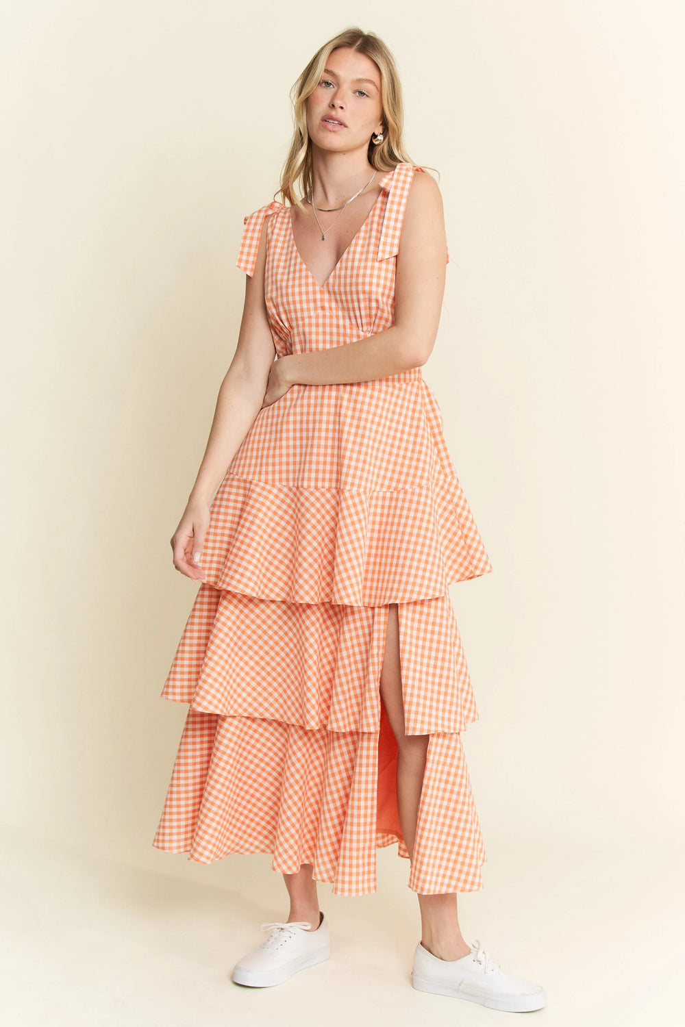Orange Jade By Jane Sleeveless Gingham Print Tiered Midi Dress